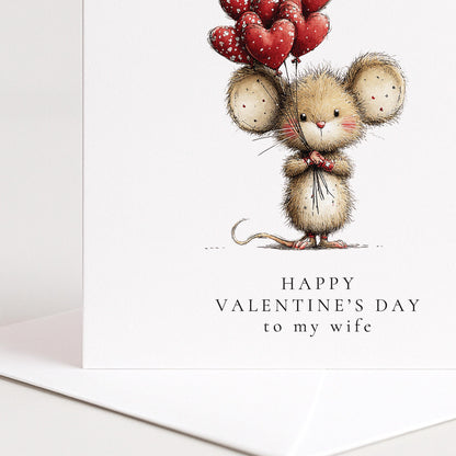 Valentines Wife Card, Cute Mouse Valentine’s Day Card for Wife, Heart Balloon Animal Card, Romantic Cute Wife Card