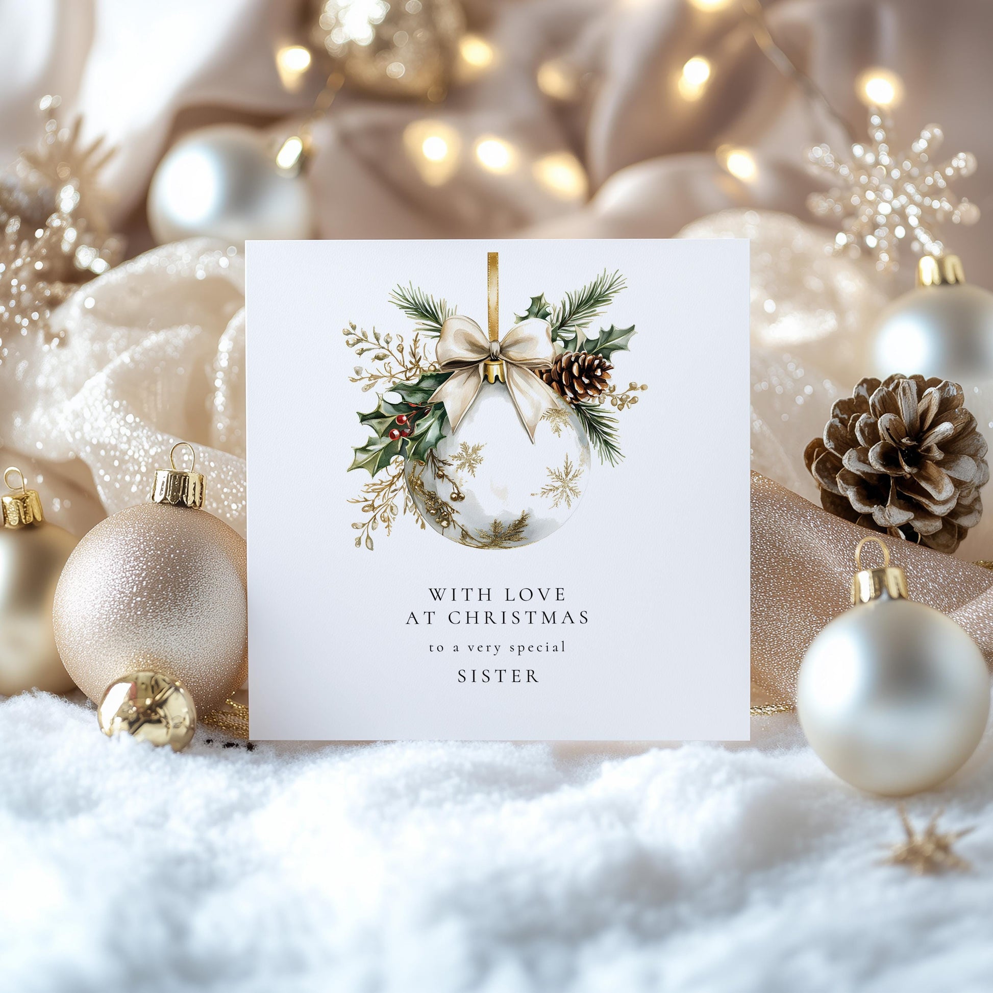 Christmas Card for Sister, With Love at Christmas, Elegant Bauble Design, Special Sister Christmas Card, Luxury Floral Festive Card