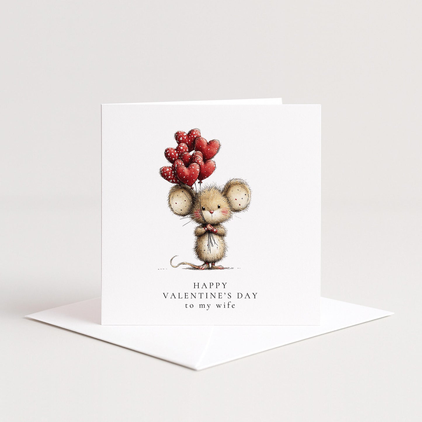 Valentines Wife Card, Cute Mouse Valentine’s Day Card for Wife, Heart Balloon Animal Card, Romantic Cute Wife Card