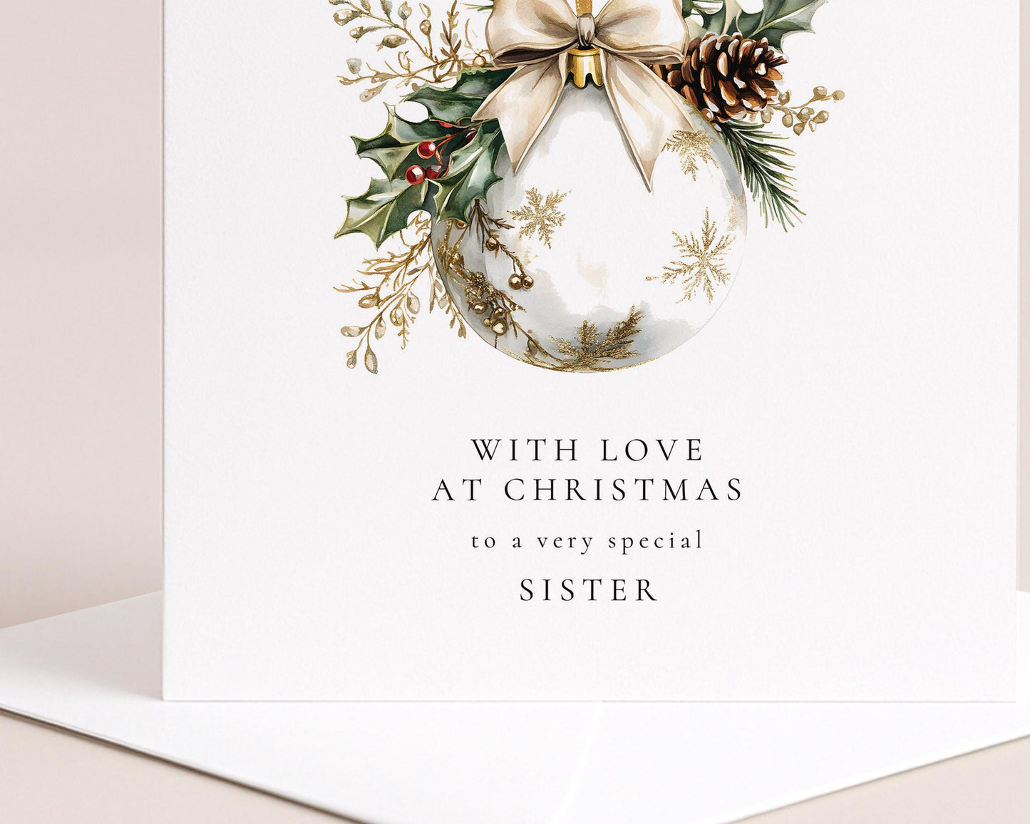 Christmas Card for Sister, With Love at Christmas, Elegant Bauble Design, Special Sister Christmas Card, Luxury Floral Festive Card