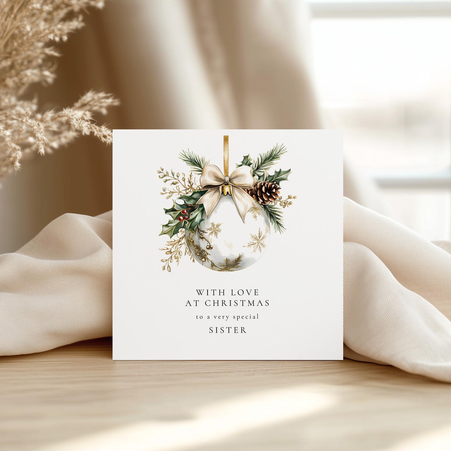 Christmas Card for Sister, With Love at Christmas, Elegant Bauble Design, Special Sister Christmas Card, Luxury Floral Festive Card