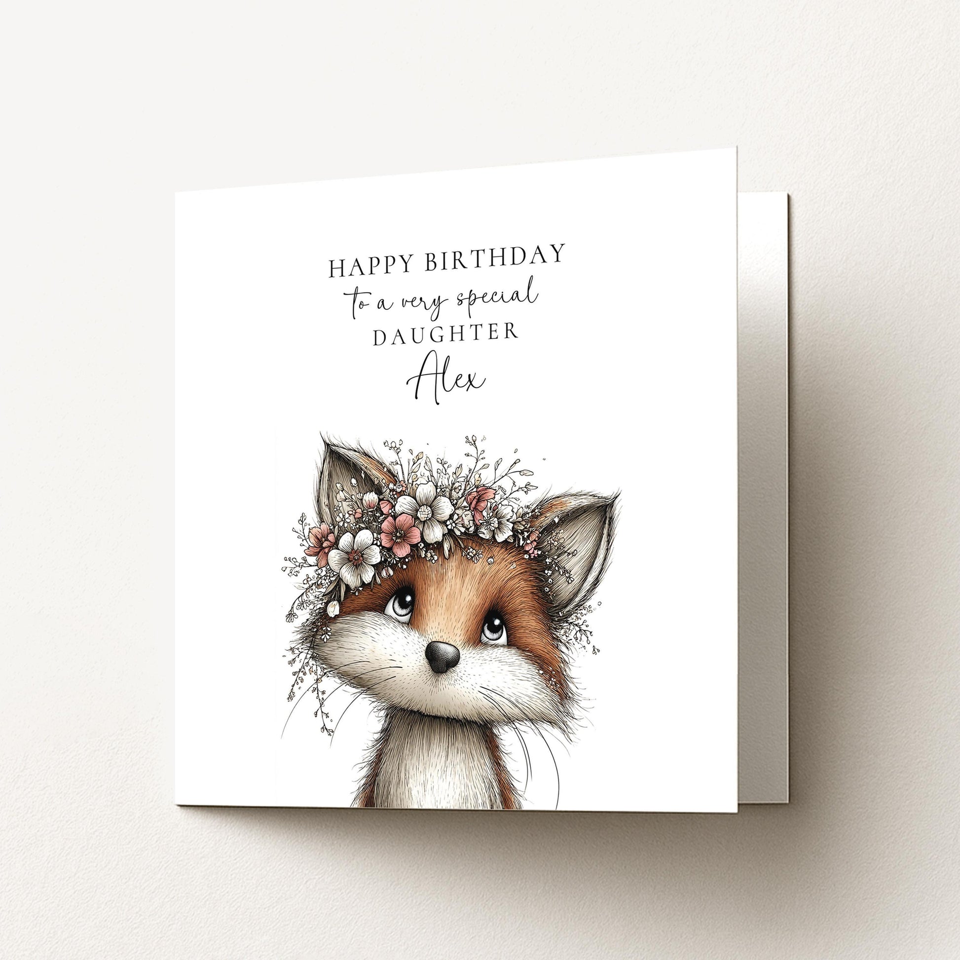 Daughter Birthday Card, Cute Fox Birthday Card, Personalised Daughter Card, Floral Crown Animal Card, Printed Girls Birthday Card