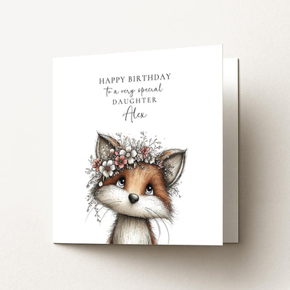 Daughter Birthday Card, Cute Fox Birthday Card, Personalised Daughter Card, Floral Crown Animal Card, Printed Girls Birthday Card