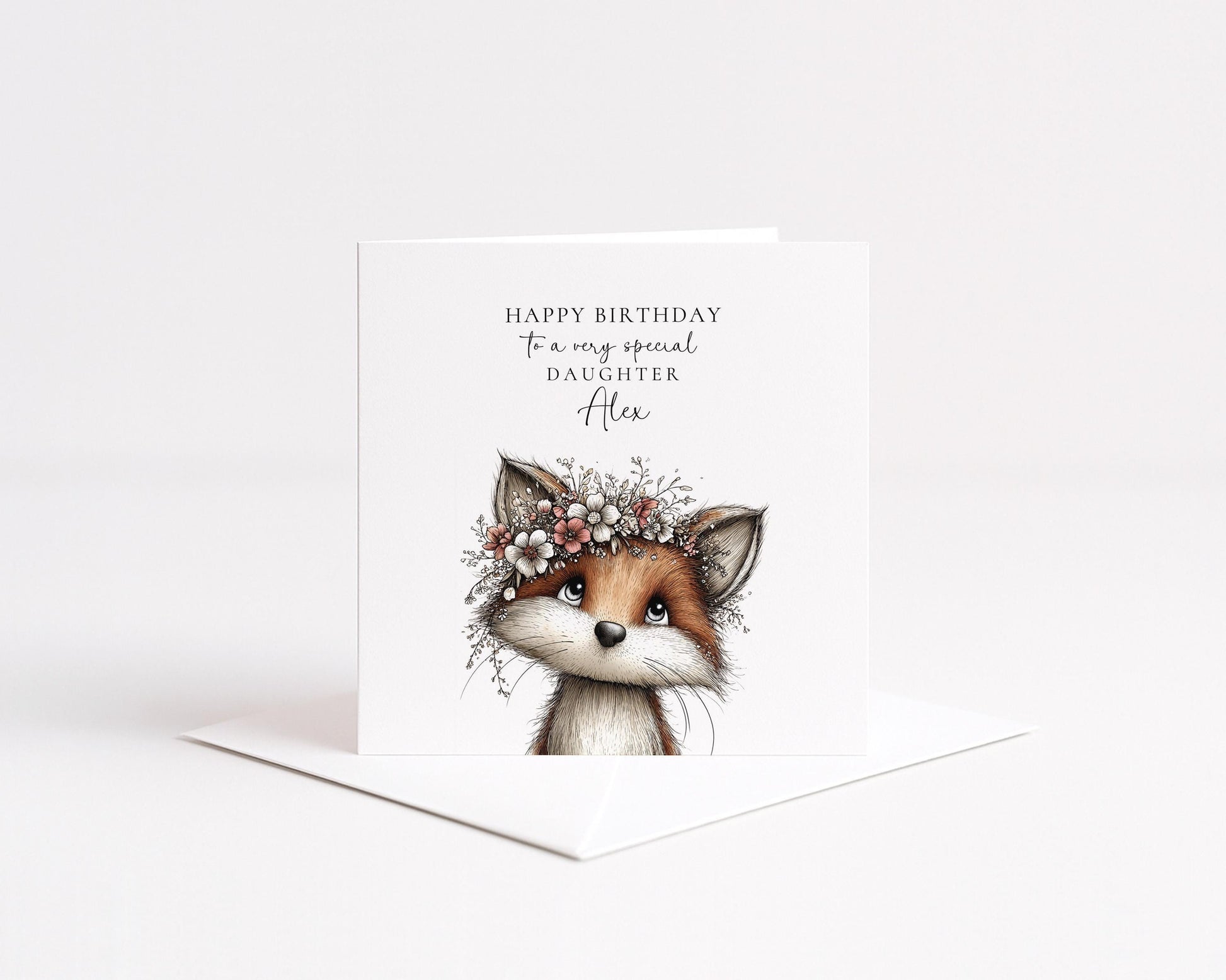 Daughter Birthday Card, Cute Fox Birthday Card, Personalised Daughter Card, Floral Crown Animal Card, Printed Girls Birthday Card