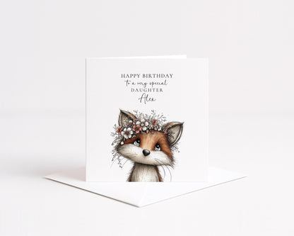 Daughter Birthday Card, Cute Fox Birthday Card, Personalised Daughter Card, Floral Crown Animal Card, Printed Girls Birthday Card