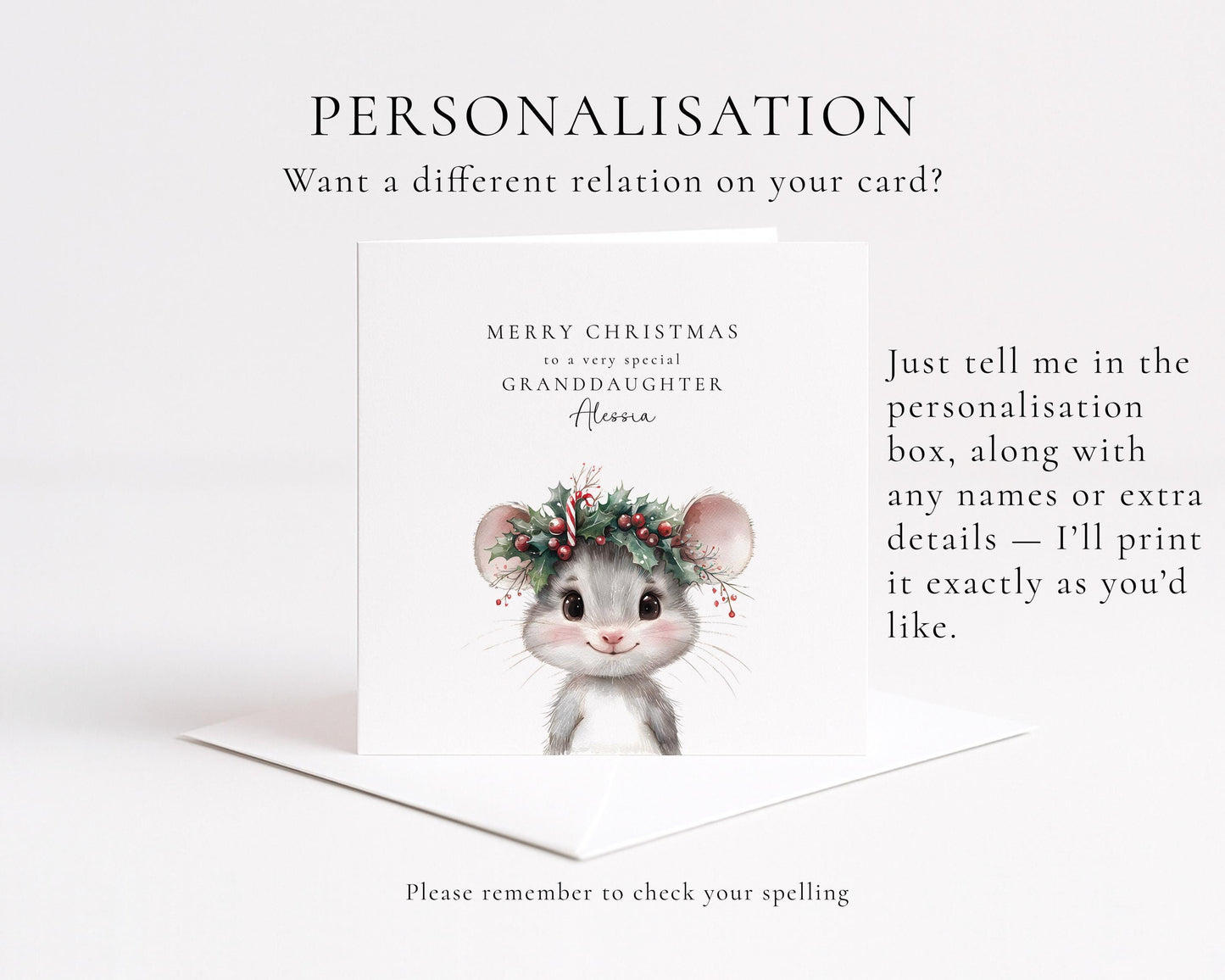 Granddaughter Christmas Card, Personalised Granddaughter Xmas Card, Cute Mouse Card, Custom Name Christmas Card for Girls, Printed Card UK