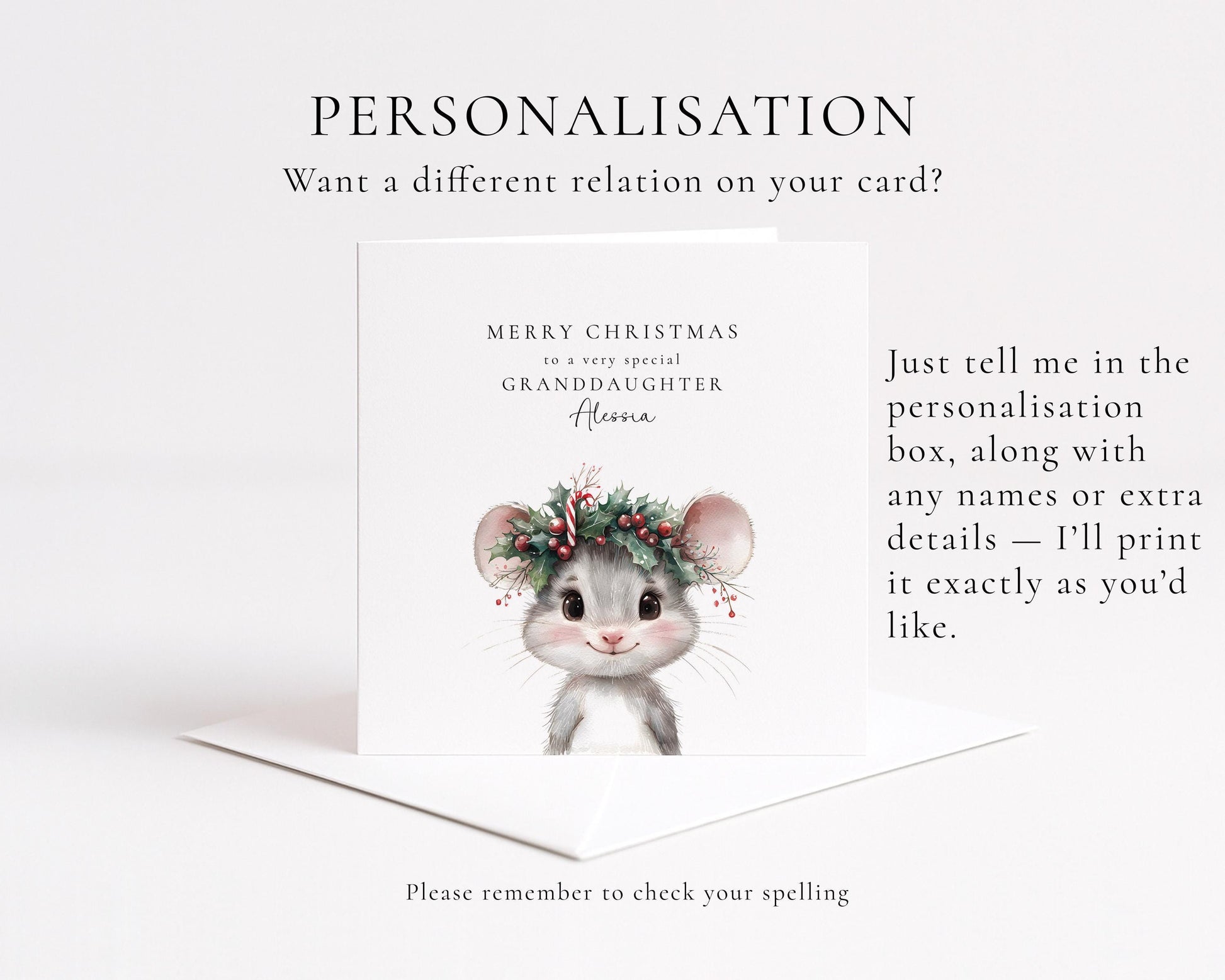 Granddaughter Christmas Card, Personalised Granddaughter Xmas Card, Cute Mouse Card, Custom Name Christmas Card for Girls, Printed Card UK