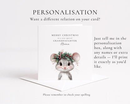 Granddaughter Christmas Card, Personalised Granddaughter Xmas Card, Cute Mouse Card, Custom Name Christmas Card for Girls, Printed Card UK
