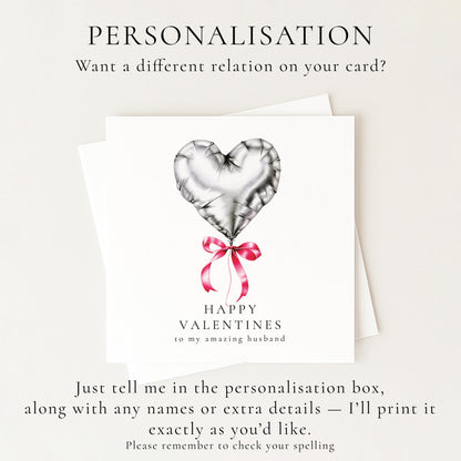 Valentines Card for Husband, Romantic Heart Balloon Card, Personalised Valentine’s Day Card, Printed Card for Amazing Husband