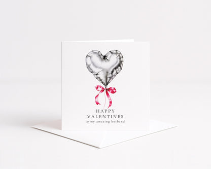 Valentines Card for Husband, Romantic Heart Balloon Card, Personalised Valentine’s Day Card, Printed Card for Amazing Husband