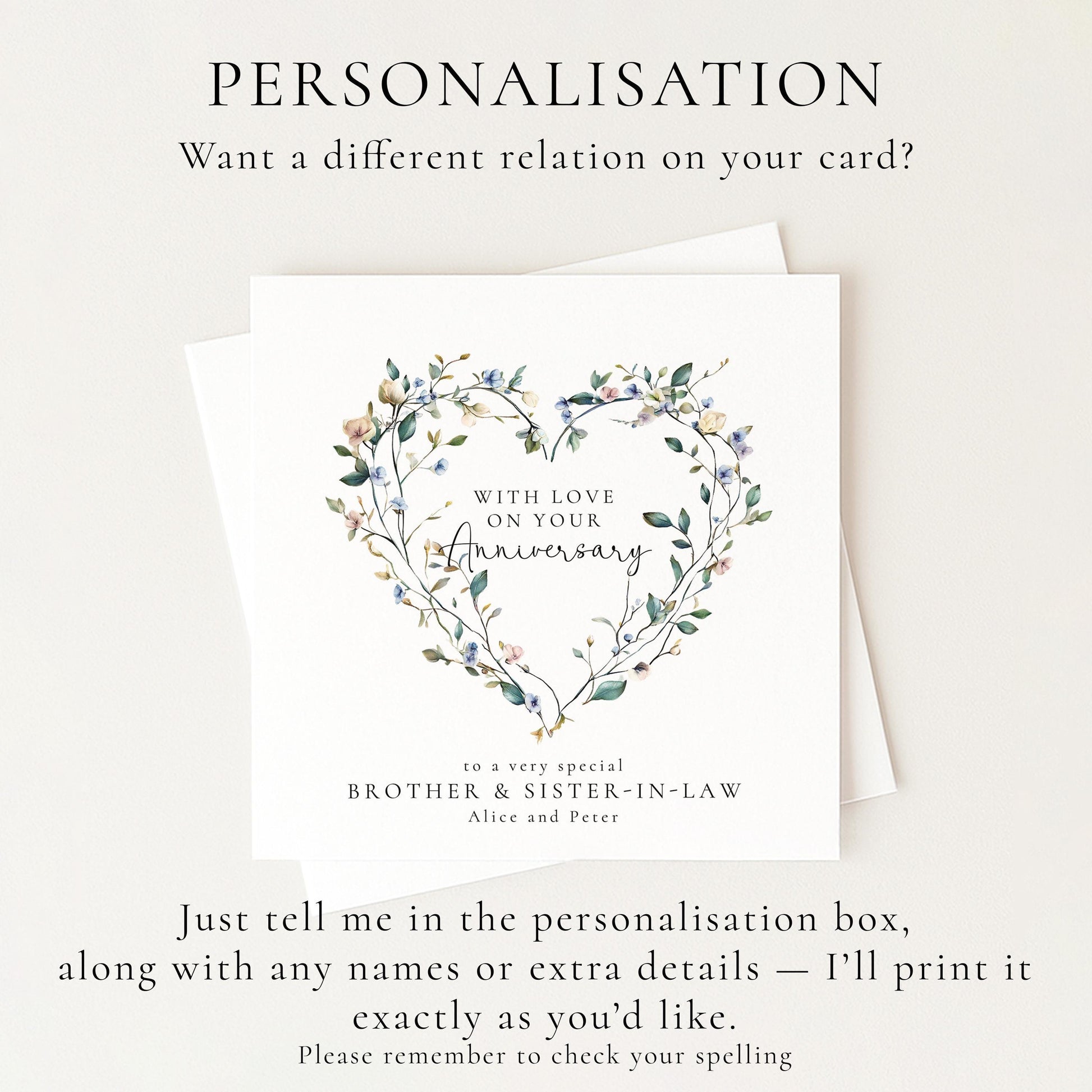 Anniversary Card for Brother and Sister in Law, Personalised Anniversary Card, Floral Heart Anniversary Card
