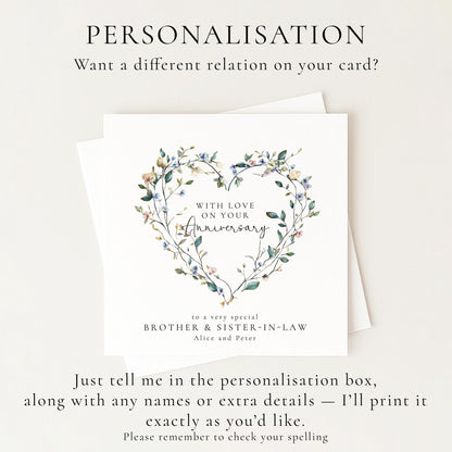Anniversary Card for Brother and Sister in Law, Personalised Anniversary Card, Floral Heart Anniversary Card