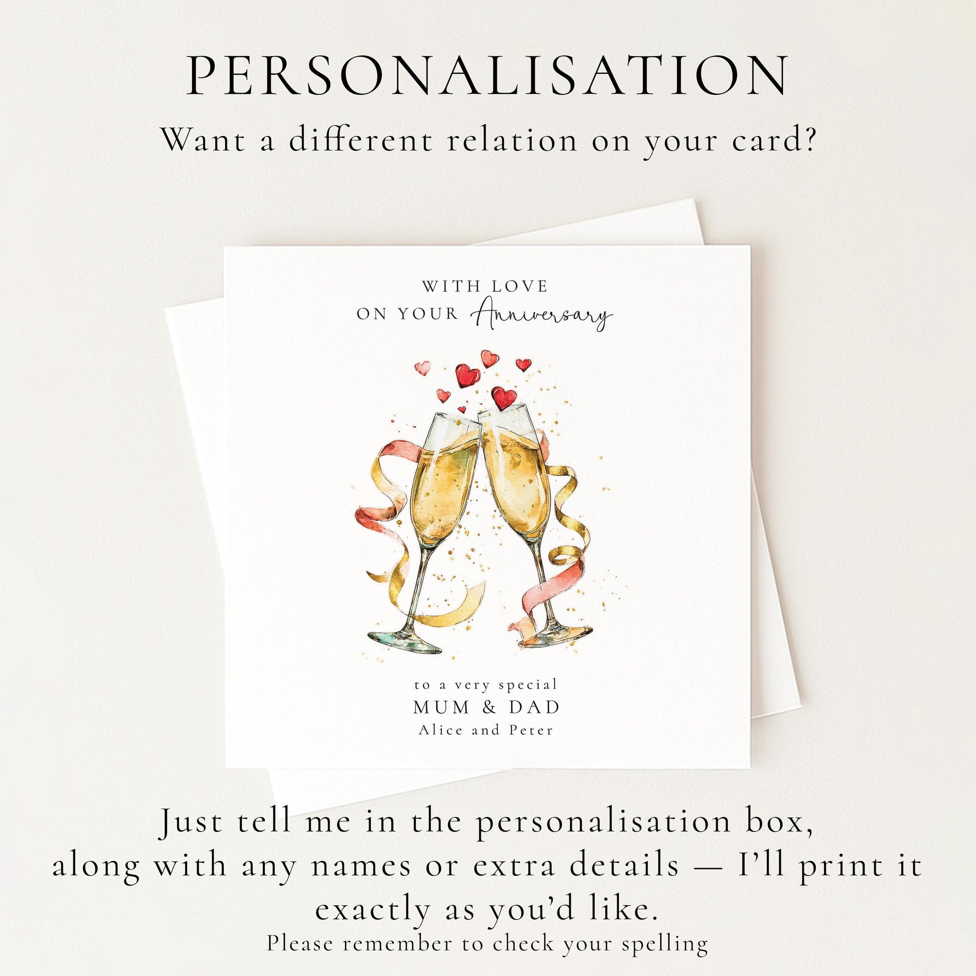 Personalised Anniversary Card for Mum and Dad, Anniversary Card for Parents, Champagne Glasses Card, Custom Names Card