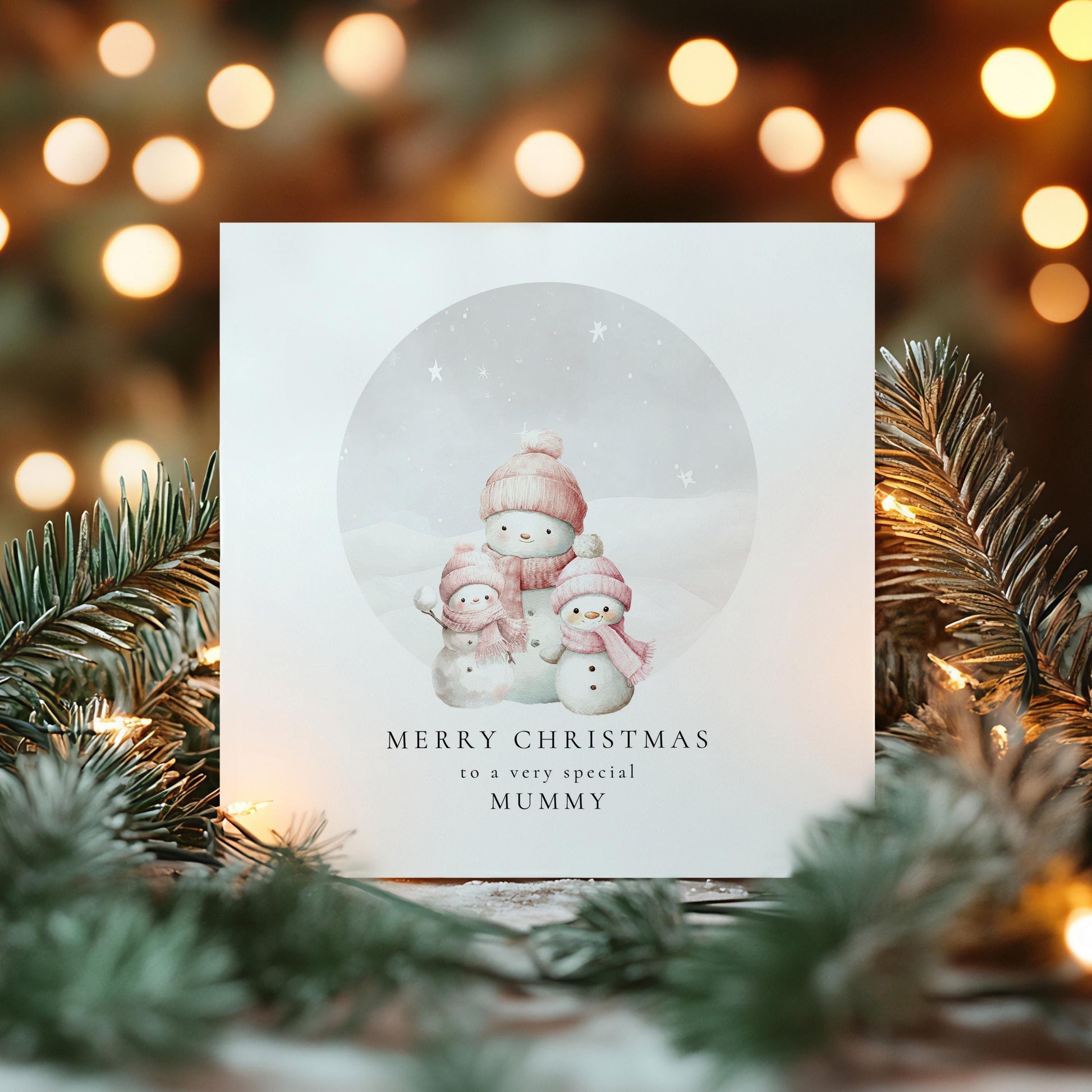 Christmas Card for Mummy from Daughters, Personalised Snowman Family Card, Cute Winter Scene, Custom Name Card for Mum