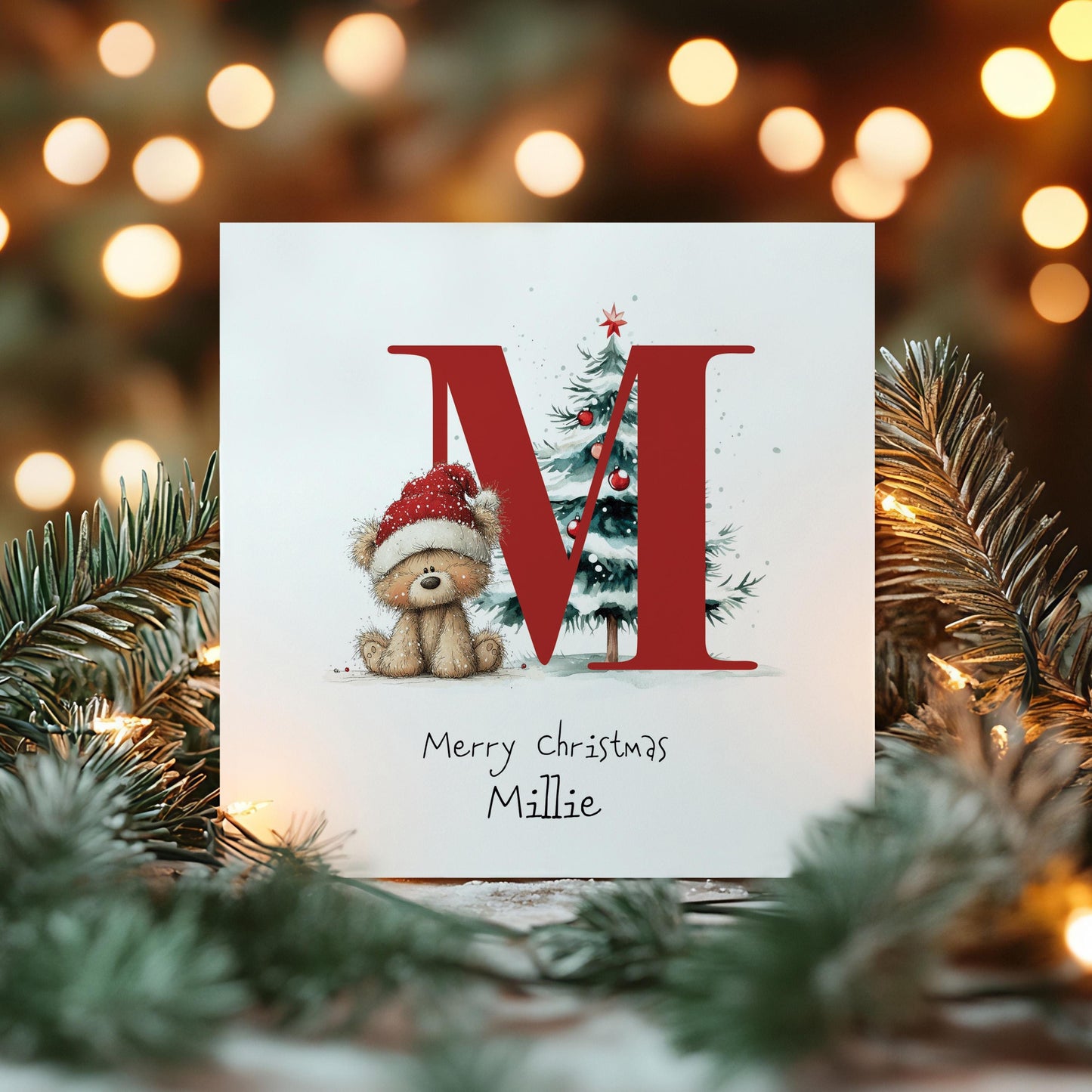 Initial M Christmas Card, Personalised Name Xmas Card, Cute Bear Christmas Card for Kids, Grandchild