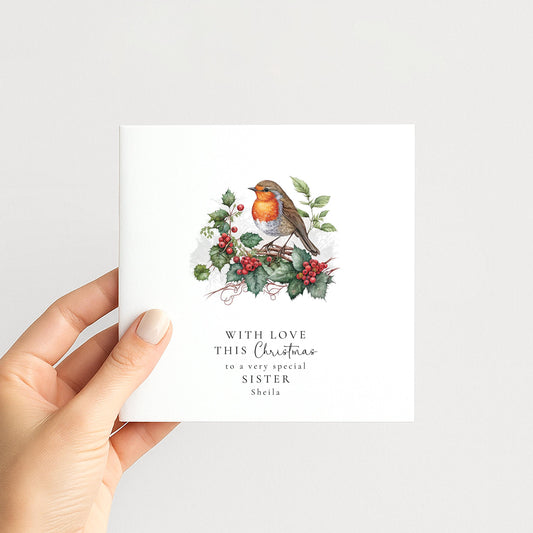 Personalised Sister Christmas Card, Robin Christmas Card, Special Sister Xmas Card, Custom Name Card, Winter Birds Holiday Card