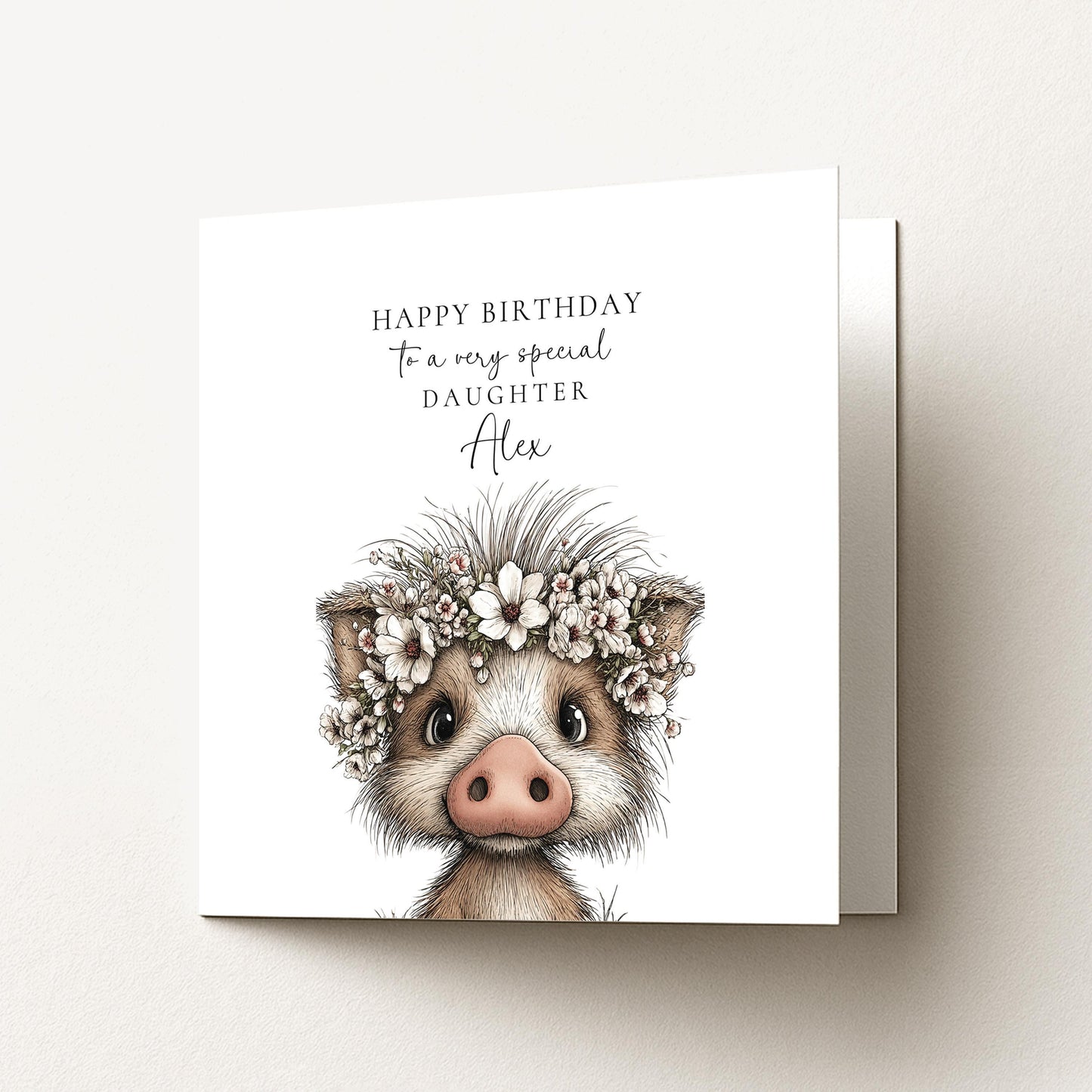 Daughter Birthday Card, Cute Piglet Birthday Card, Personalised Daughter Card, Floral Crown Animal Card, Printed Children’s Birthday Card