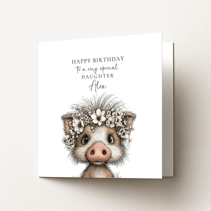 Daughter Birthday Card, Cute Piglet Birthday Card, Personalised Daughter Card, Floral Crown Animal Card, Printed Children’s Birthday Card
