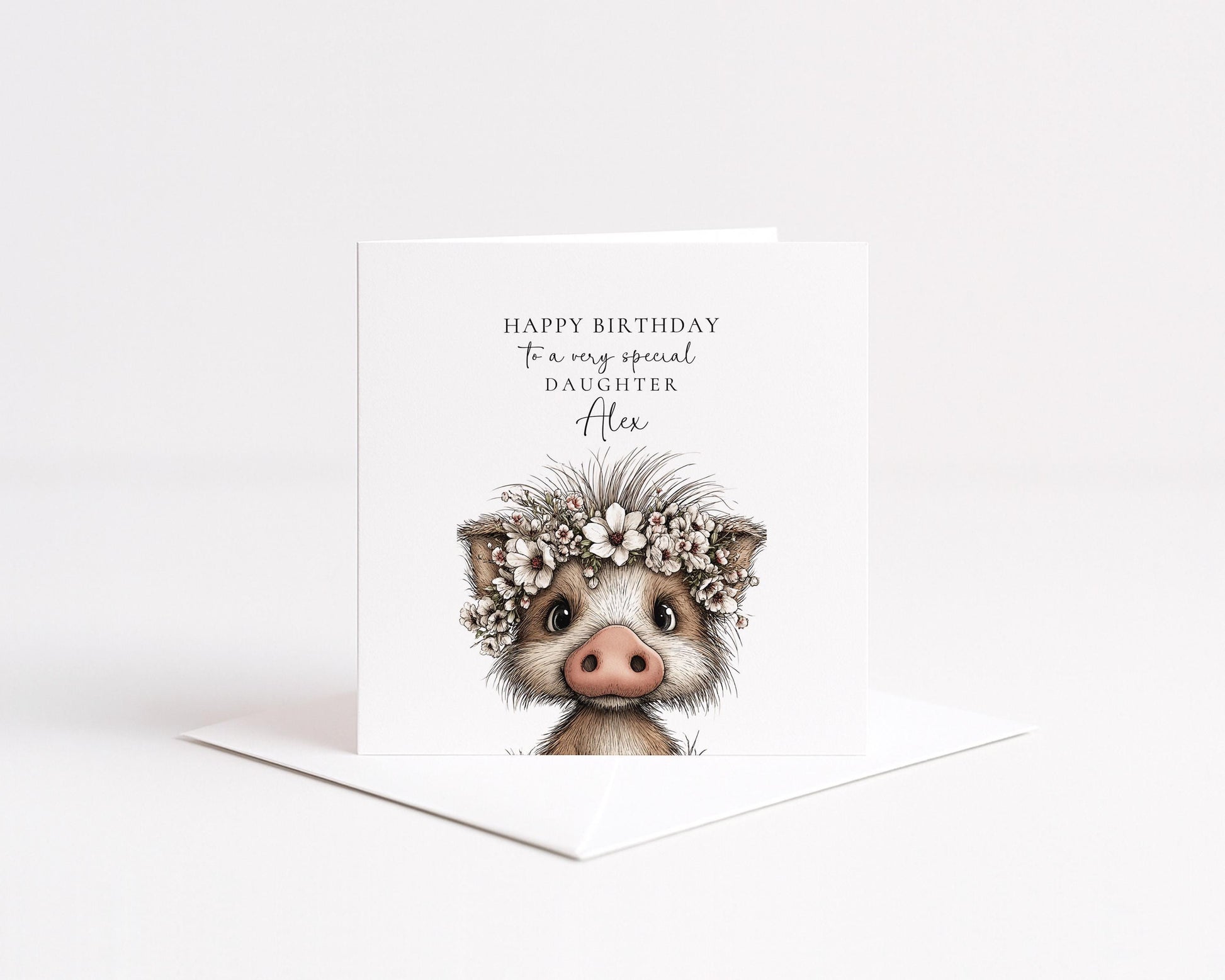 Daughter Birthday Card, Cute Piglet Birthday Card, Personalised Daughter Card, Floral Crown Animal Card, Printed Children’s Birthday Card