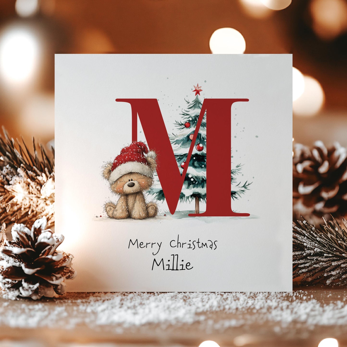 Initial M Christmas Card, Personalised Name Xmas Card, Cute Bear Christmas Card for Kids, Grandchild