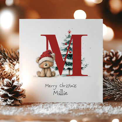 Initial M Christmas Card, Personalised Name Xmas Card, Cute Bear Christmas Card for Kids, Grandchild