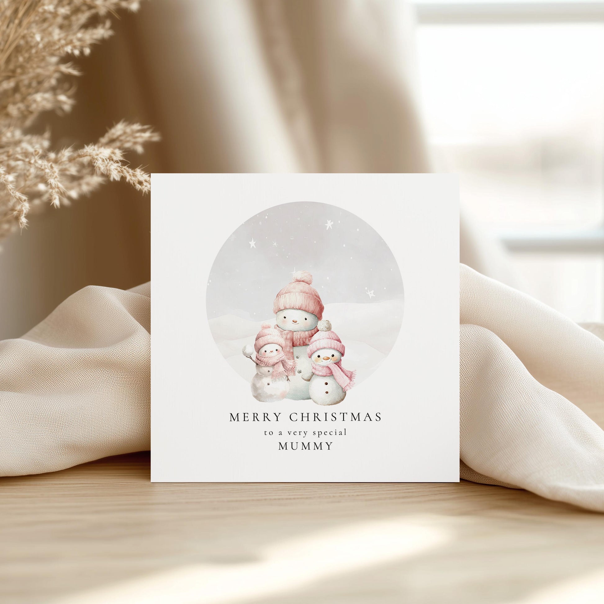 Christmas Card for Mummy from Daughters, Personalised Snowman Family Card, Cute Winter Scene, Custom Name Card for Mum