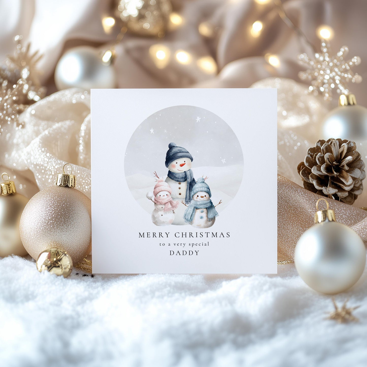 Daddy Christmas Card, Personalised Snowman Family with Daughter and Son, Custom Name Card for Dad from Kids, Cute Xmas Card