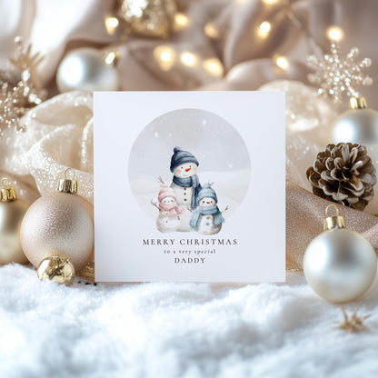 Daddy Christmas Card, Personalised Snowman Family with Daughter and Son, Custom Name Card for Dad from Kids, Cute Xmas Card