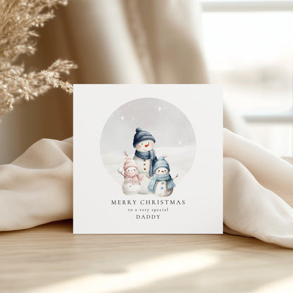 Daddy Christmas Card, Personalised Snowman Family with Daughter and Son, Custom Name Card for Dad from Kids, Cute Xmas Card