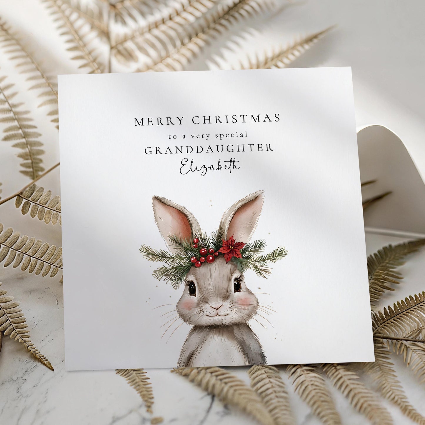 Personalised Christmas Card for Granddaughter, Cute Bunny Christmas Card, Printed & Posted, Festive Card for Grandchild, Custom Name Option
