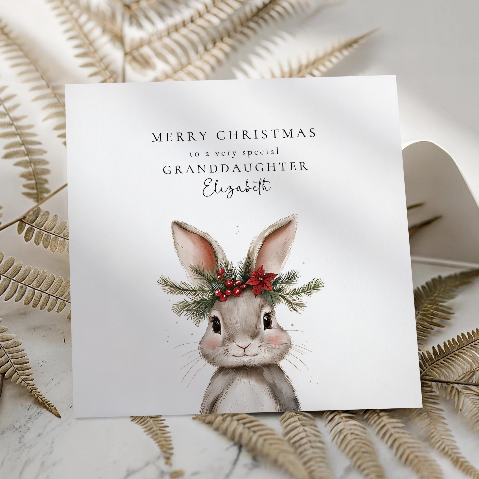 Personalised Christmas Card for Granddaughter, Cute Bunny Christmas Card, Printed & Posted, Festive Card for Grandchild, Custom Name Option