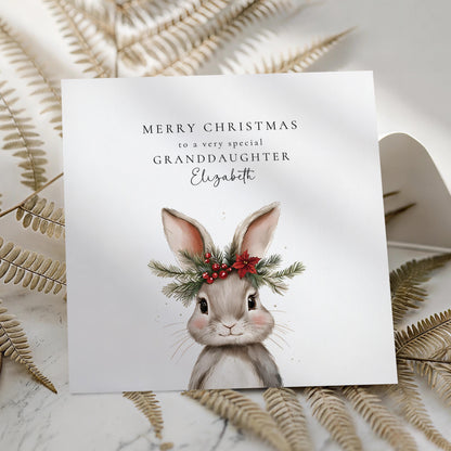 Personalised Christmas Card for Granddaughter, Cute Bunny Christmas Card, Printed & Posted, Festive Card for Grandchild, Custom Name Option