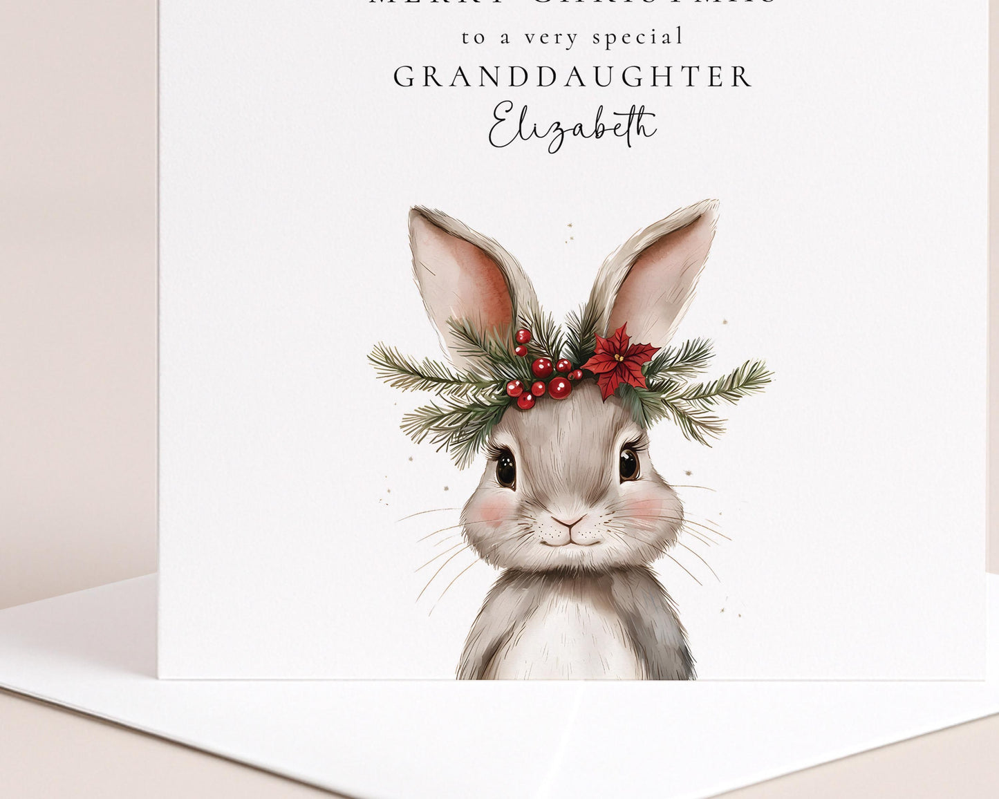 Personalised Christmas Card for Granddaughter, Cute Bunny Christmas Card, Printed & Posted, Festive Card for Grandchild, Custom Name Option