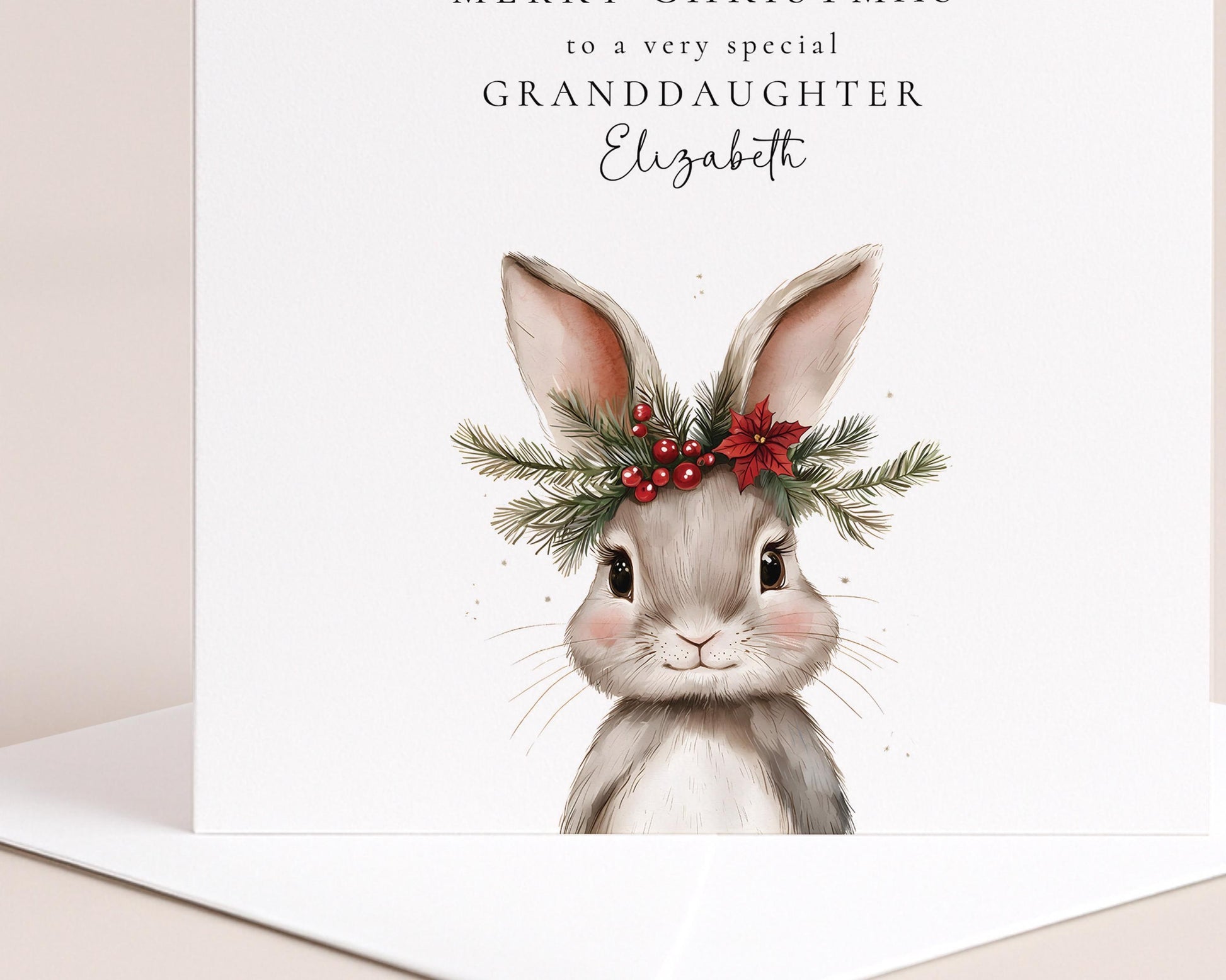Personalised Christmas Card for Granddaughter, Cute Bunny Christmas Card, Printed & Posted, Festive Card for Grandchild, Custom Name Option