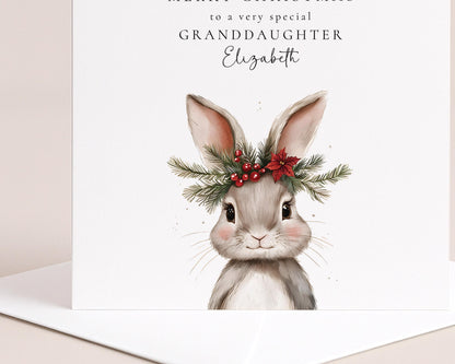 Personalised Christmas Card for Granddaughter, Cute Bunny Christmas Card, Printed & Posted, Festive Card for Grandchild, Custom Name Option