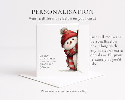 Grandson Christmas Card, Cute Snowman Christmas Card, Personalised Grandson Card, Fun Winter Card for Kids, Custom Name