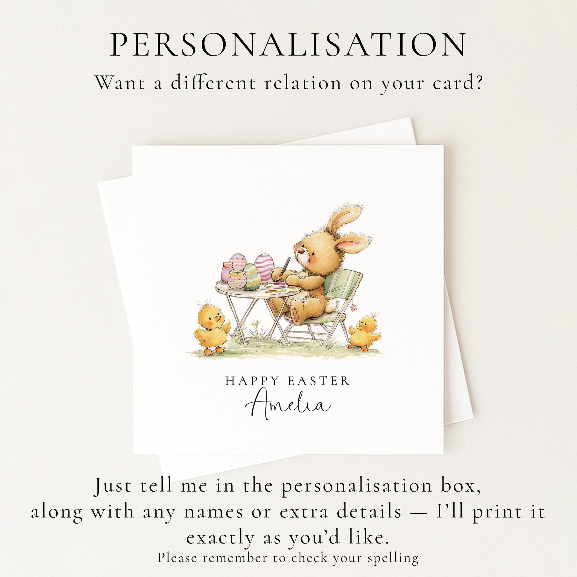 Personalised Easter Card, Cute Bunny Painting Eggs, Kids Easter Card, Custom Name Spring Card, Bunny and Chicks Easter Greeting