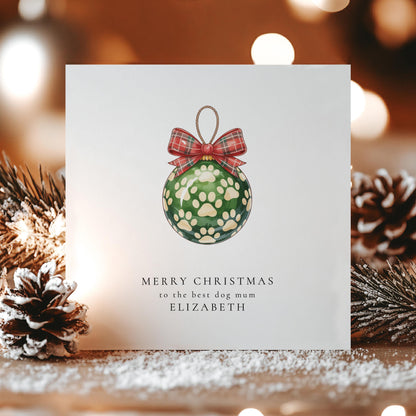 Dog Mum Christmas Card, Personalised Paw Print Bauble Card, Christmas Card from the Dog, Pet Lover Card, Cute Dog Mum Gift Idea
