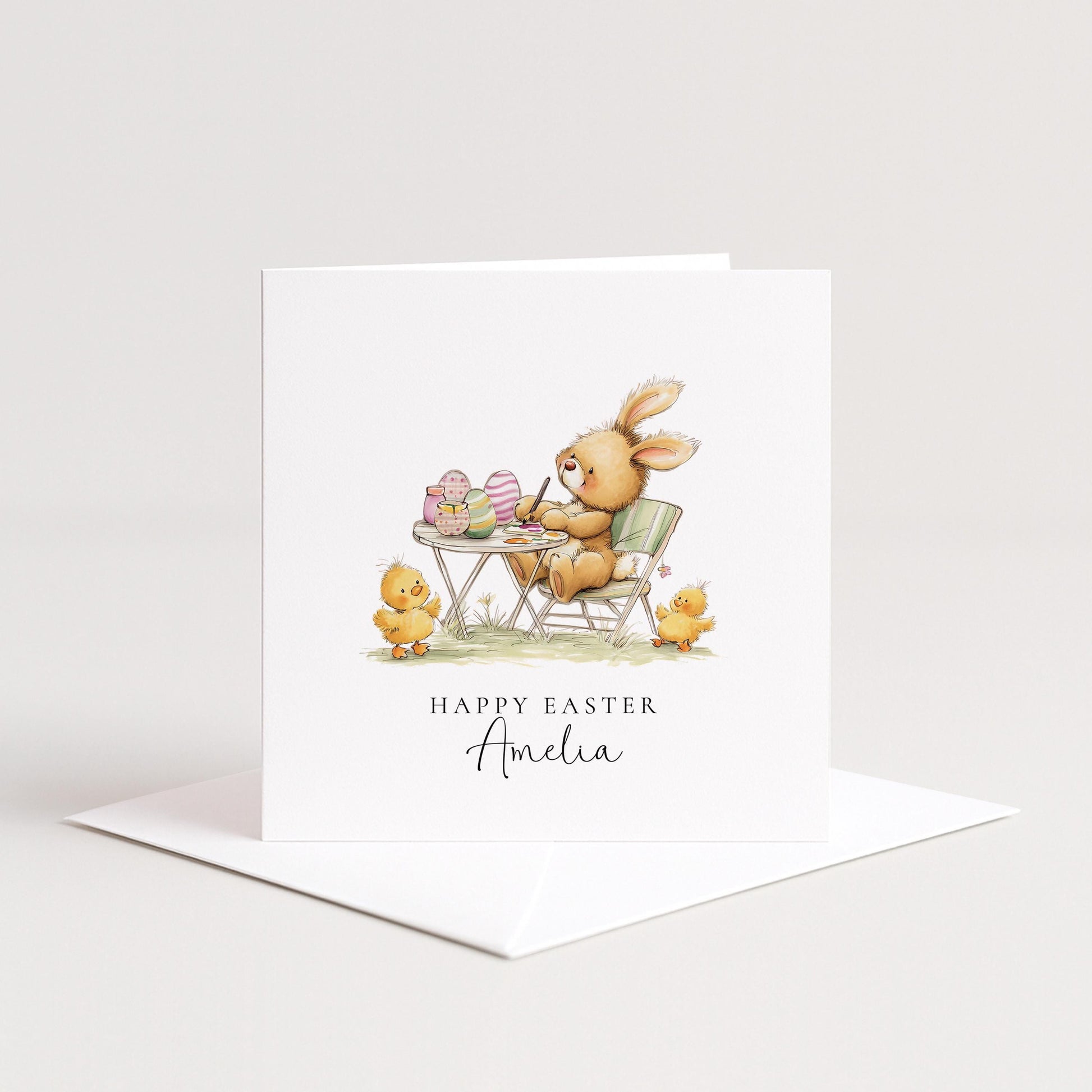 Personalised Easter Card, Cute Bunny Painting Eggs, Kids Easter Card, Custom Name Spring Card, Bunny and Chicks Easter Greeting