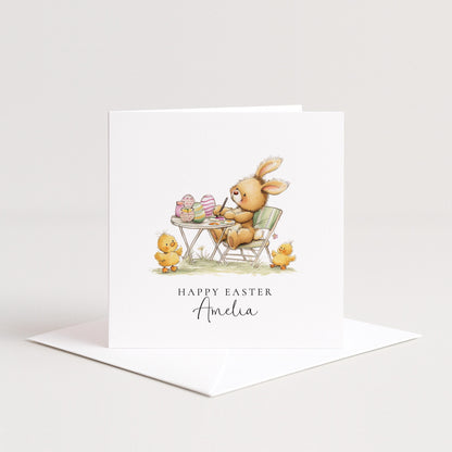 Personalised Easter Card, Cute Bunny Painting Eggs, Kids Easter Card, Custom Name Spring Card, Bunny and Chicks Easter Greeting