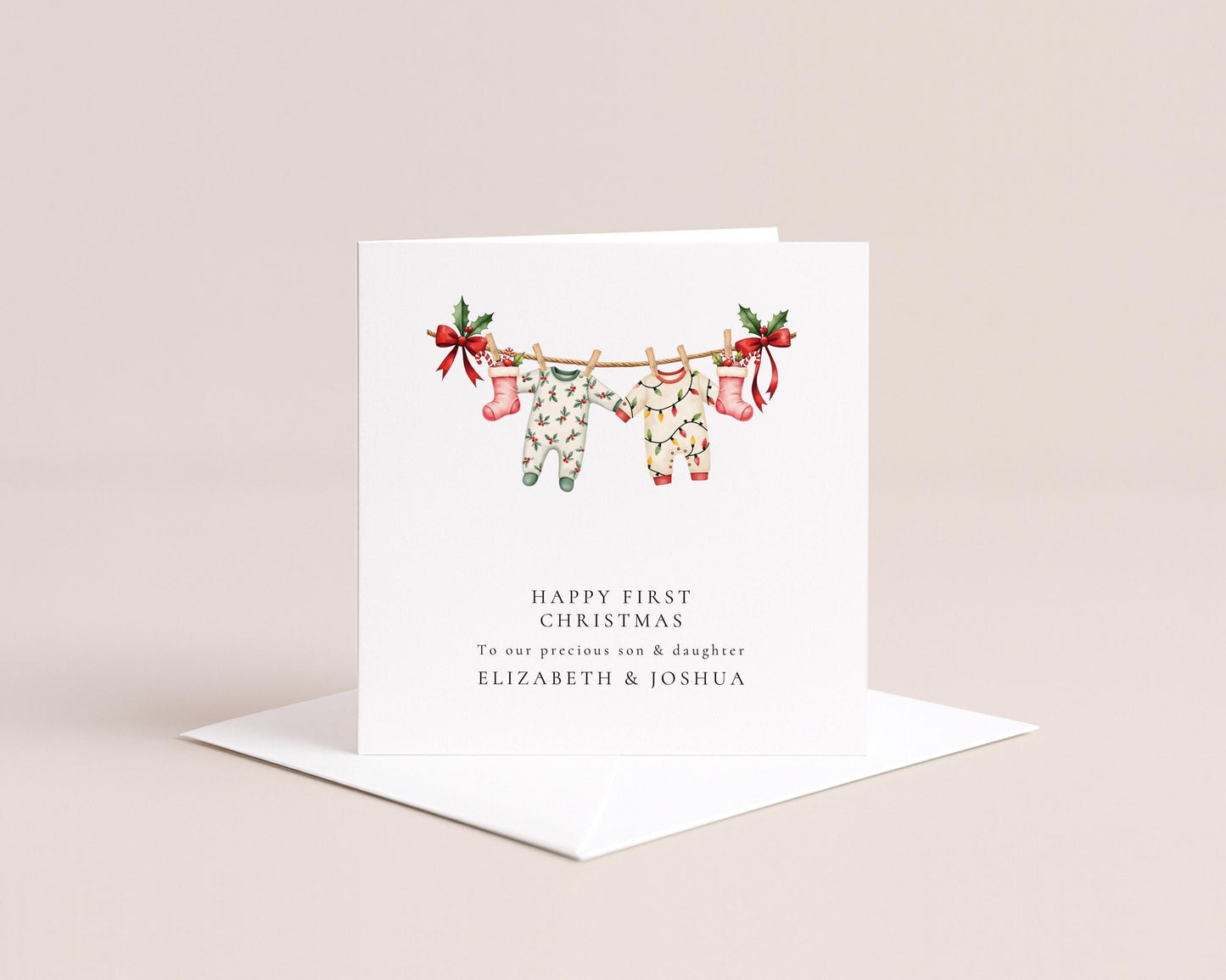 First Christmas Card for Twins, Son & Daughter First Christmas Card, Matching Outfits Christmas Card, Personalised Printed Keepsake