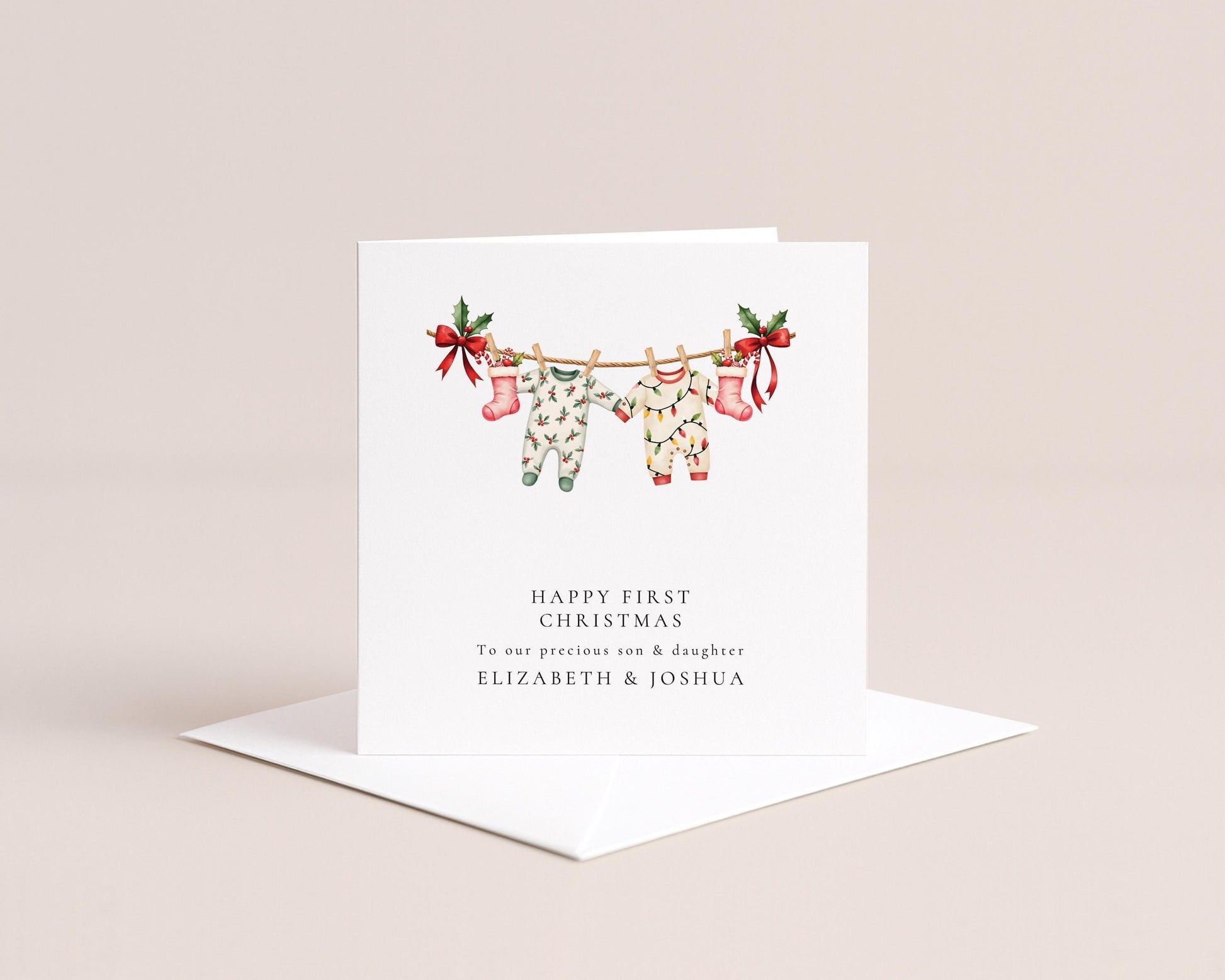 First Christmas Card for Twins, Son & Daughter First Christmas Card, Matching Outfits Christmas Card, Personalised Printed Keepsake