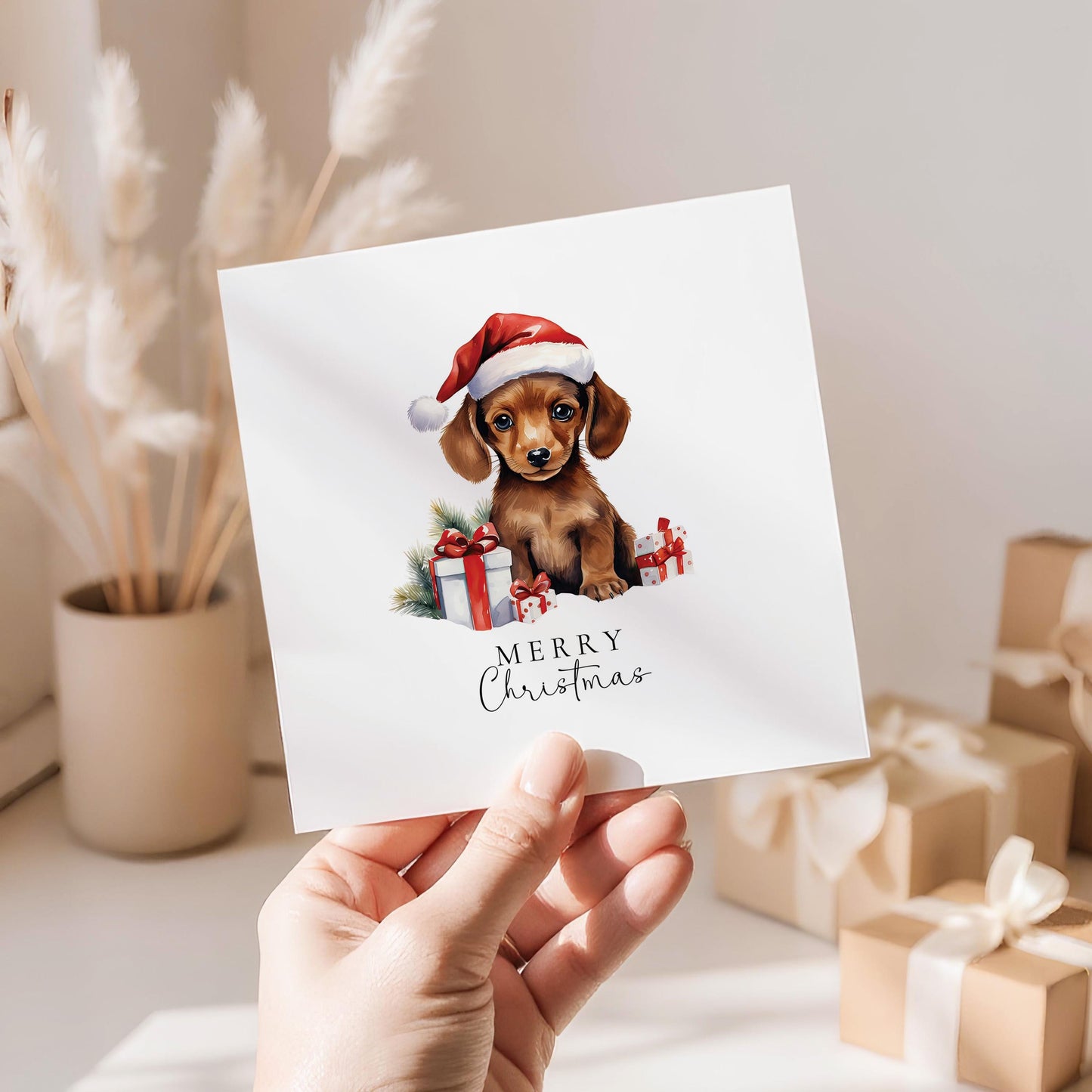 Merry Christmas Dachshund Card, Cute Sausage Dog in Santa Hat, Dog Christmas Card, Christmas Card for Dog Lovers, Festive Pet Greeting