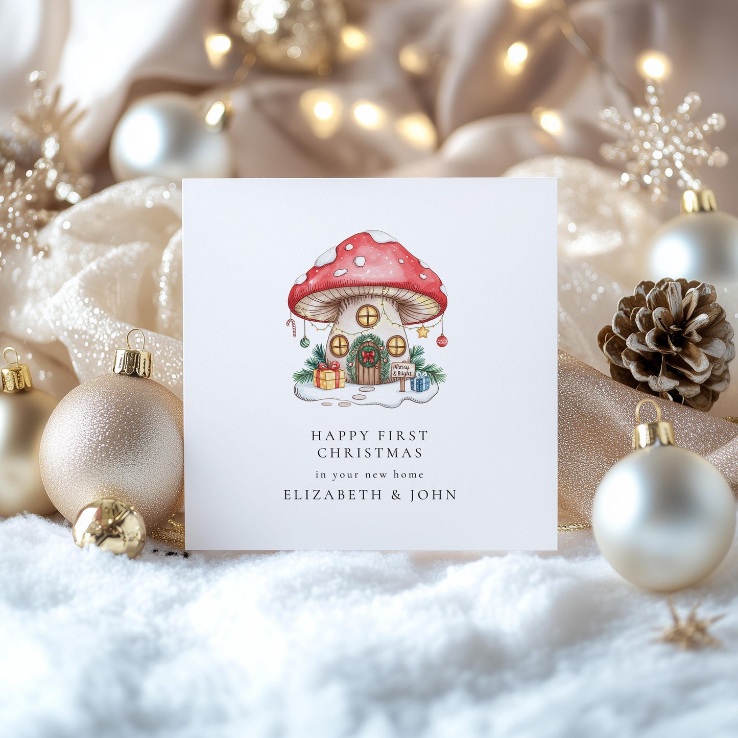 First Christmas in New Home Card, Personalised New Home Christmas Card, Toadstool Mushroom House Card, Printed & Posted Keepsake