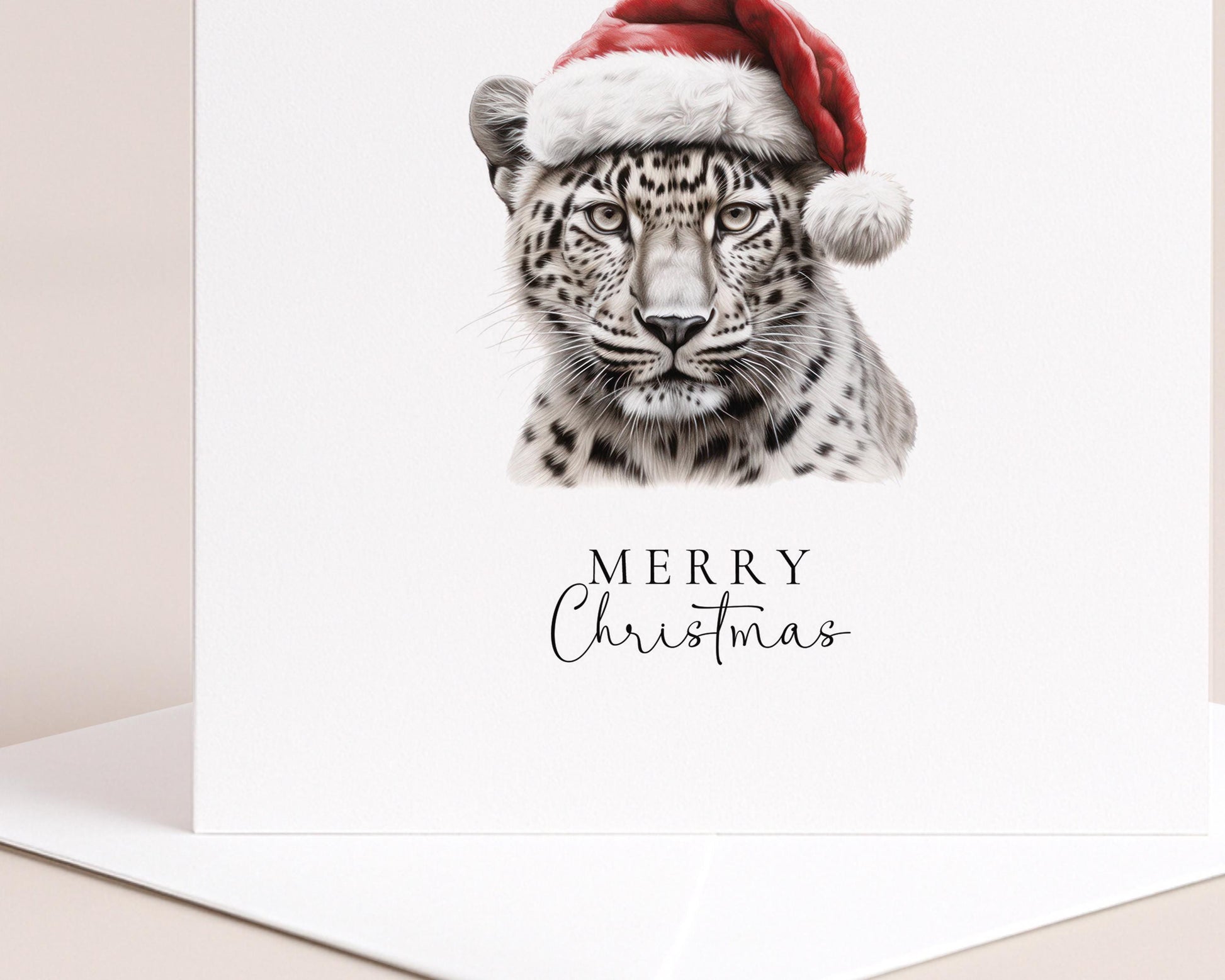 Merry Christmas Snow Leopard Card, Wild Cat in Santa Hat, Animal Christmas Card, Festive Wildlife Greeting, Unique Christmas Card