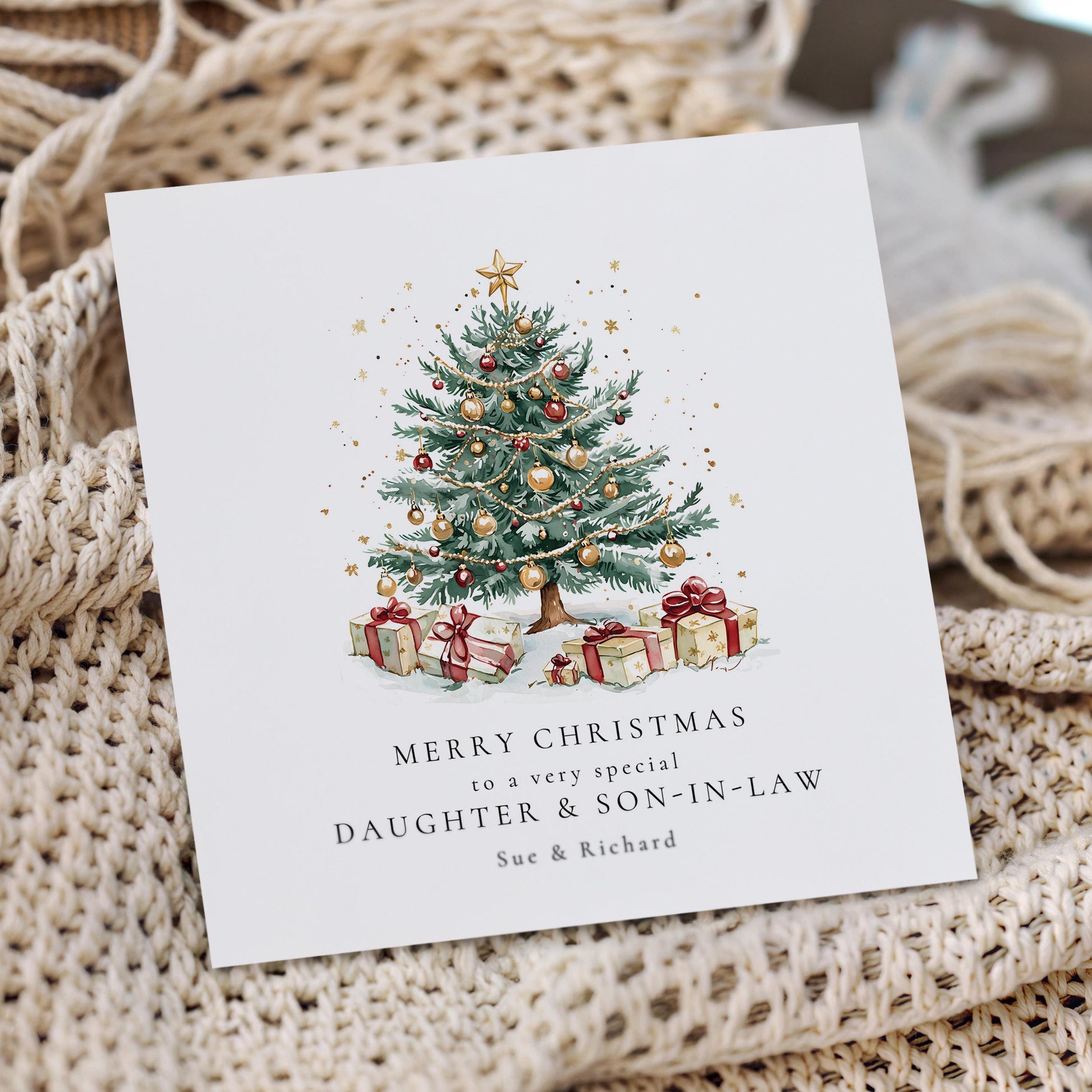 Personalised Christmas Card for Daughter & Son-in-Law, Luxury Christmas Tree Card, Custom Names, Keepsake Christmas Card