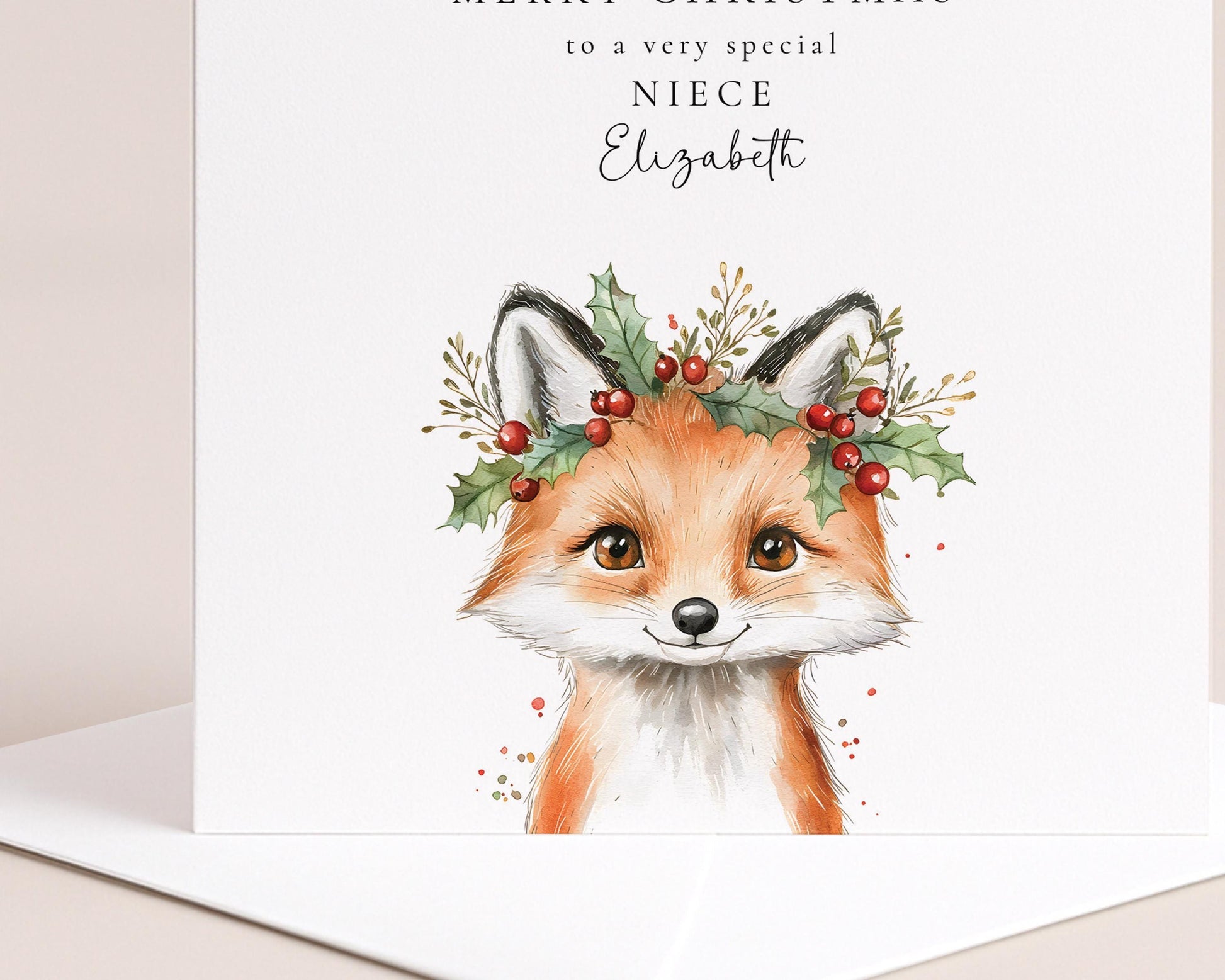 Niece Christmas Card, Cute Fox Christmas Card for Niece, Personalised Xmas Card, Custom Name Card, Woodland Animal Holiday Card UK