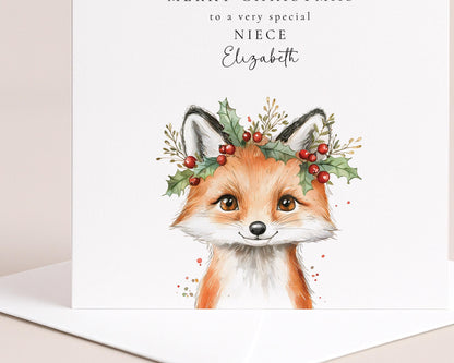 Niece Christmas Card, Cute Fox Christmas Card for Niece, Personalised Xmas Card, Custom Name Card, Woodland Animal Holiday Card UK