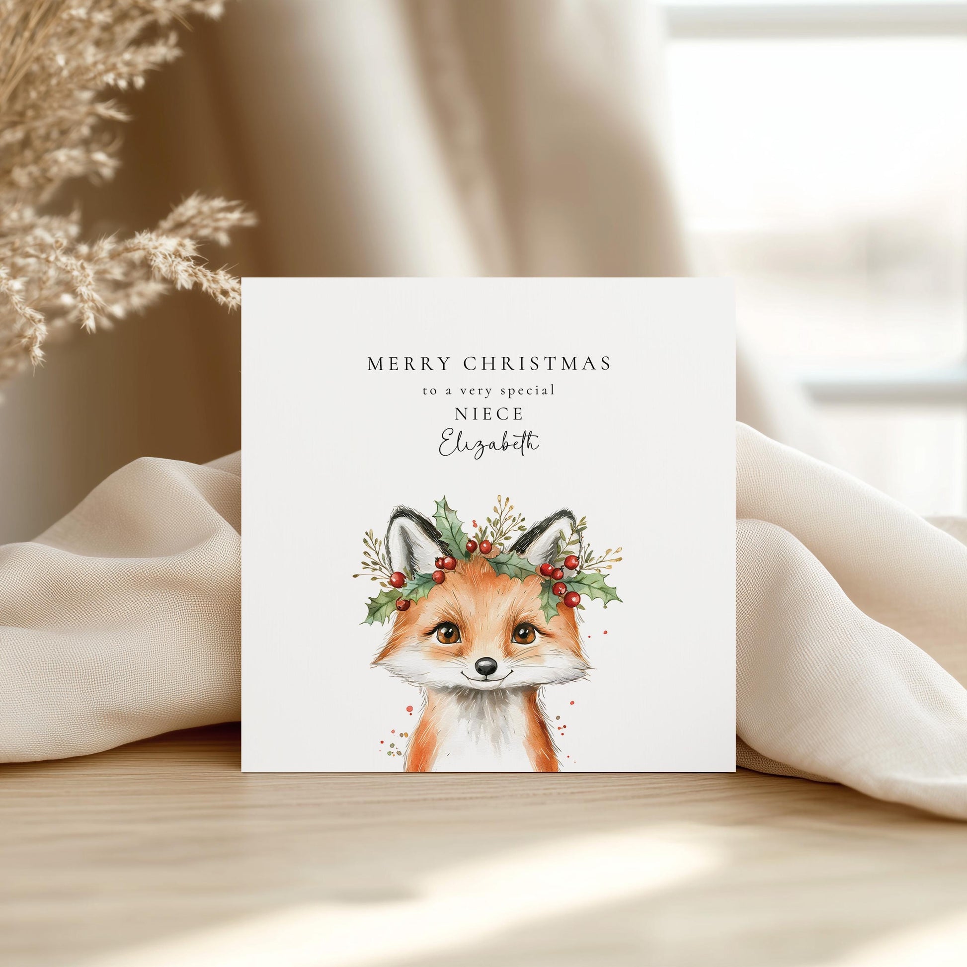 Niece Christmas Card, Cute Fox Christmas Card for Niece, Personalised Xmas Card, Custom Name Card, Woodland Animal Holiday Card UK