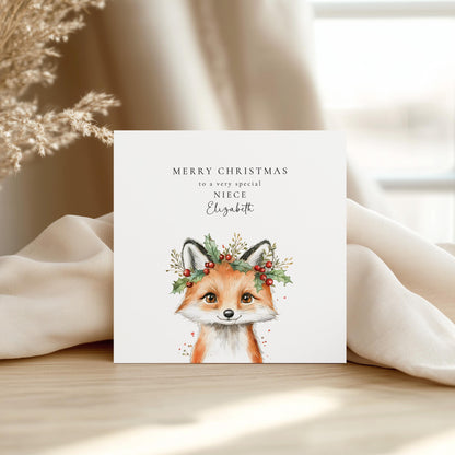 Niece Christmas Card, Cute Fox Christmas Card for Niece, Personalised Xmas Card, Custom Name Card, Woodland Animal Holiday Card UK